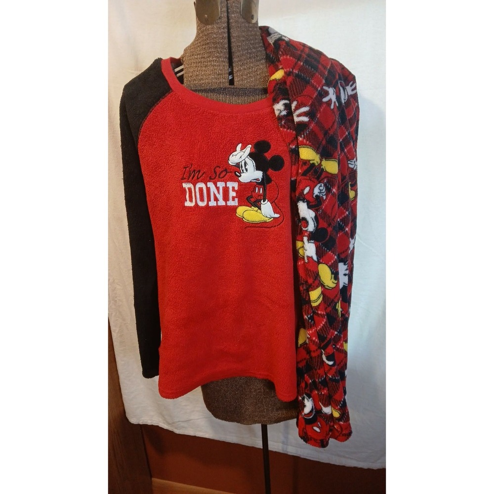 Disney Mickey Mouse Im So Done Fleece Pajama Set Red Plaid Womens Large 12-14